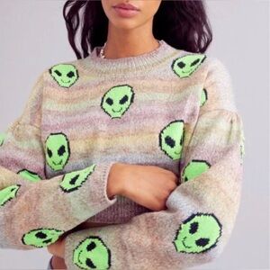 Urban Outfitters Alien Faces Cropped Sweater, XS